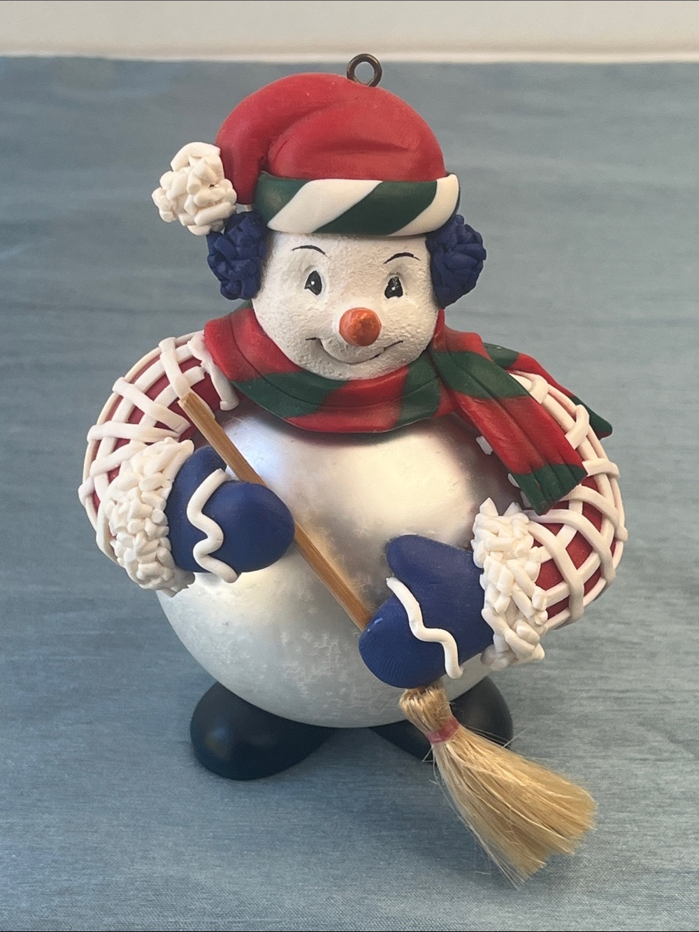 Vintage Traditions Snowman Ornament Silver Mercury Glass with Broom 90s
